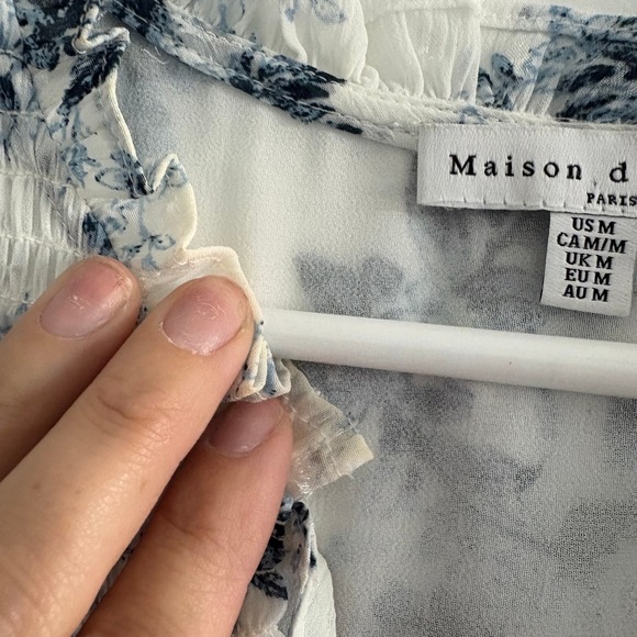 Maison d'Amelie Floral Blouse Long Sleeve Swiss Dot Ruffle Neck Sheer Top Medium - Picture 5 of 7